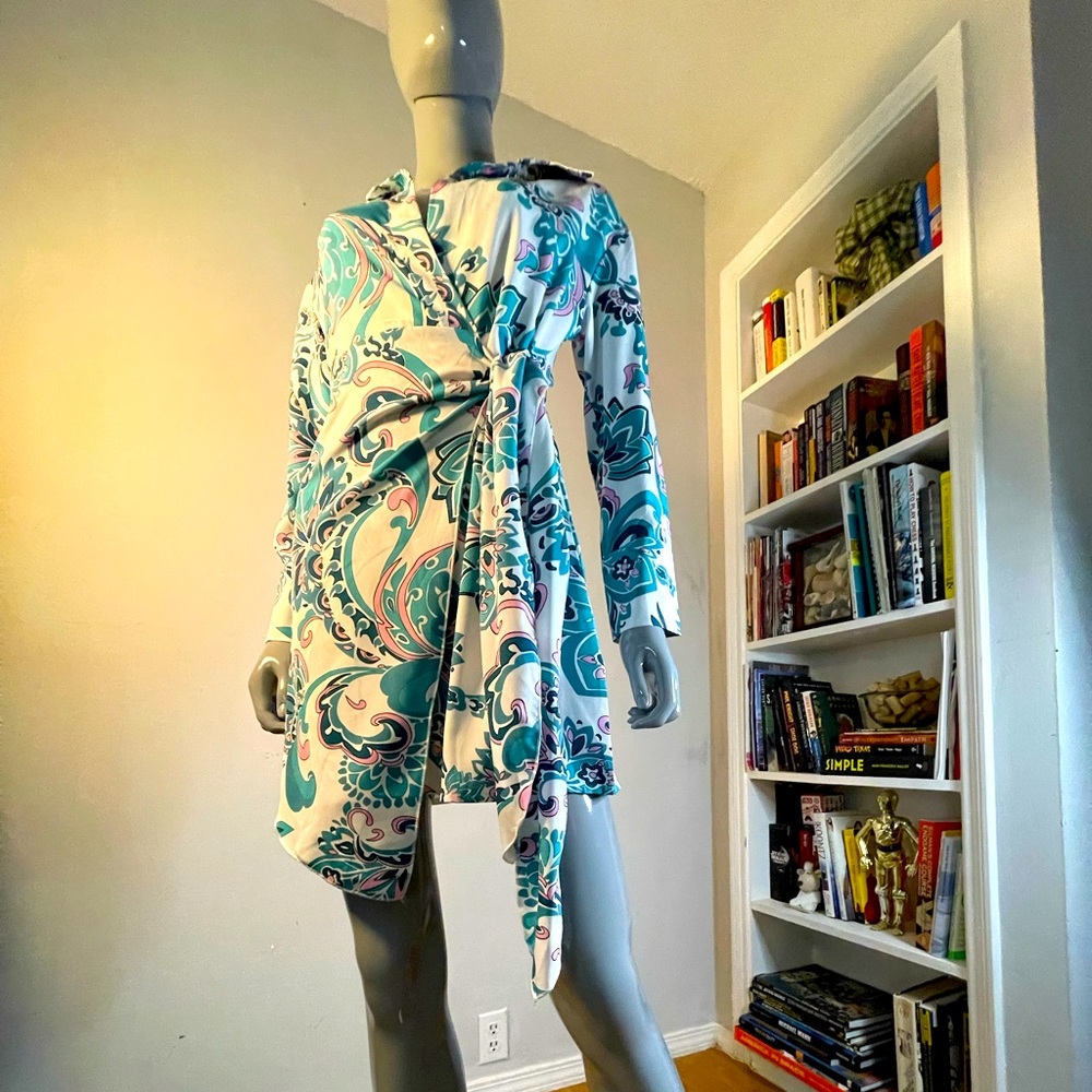 Multi color dress, wrap tie waist. Great quality.